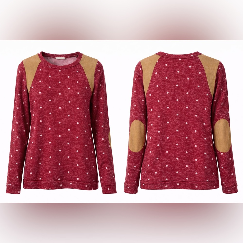 12PM by Mon Ami Burgundy Polka Dot Sweatshirt w/‎ Vegan Suede Elbow Patches